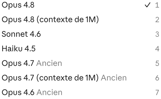 Sélecteur de modèles avec l'option « contexte 1M » à côté de certains modèles