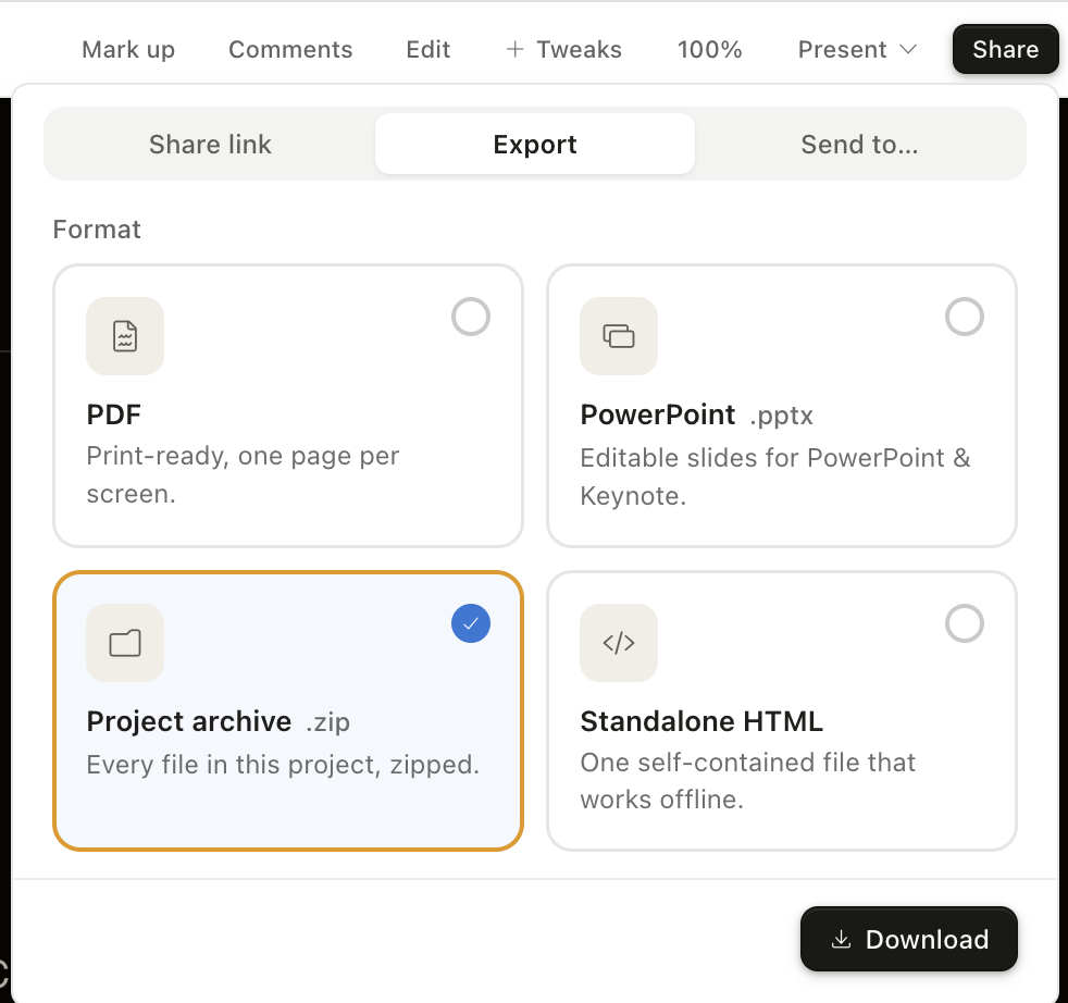 Export du package en zip depuis Claude Design